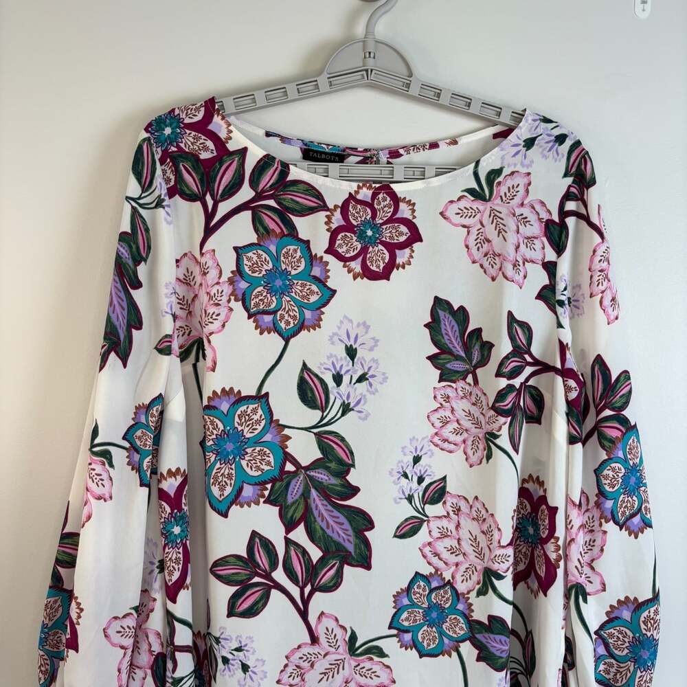 Talbots NEW balloon sleeve floral tunic womens L pink cream keyhole